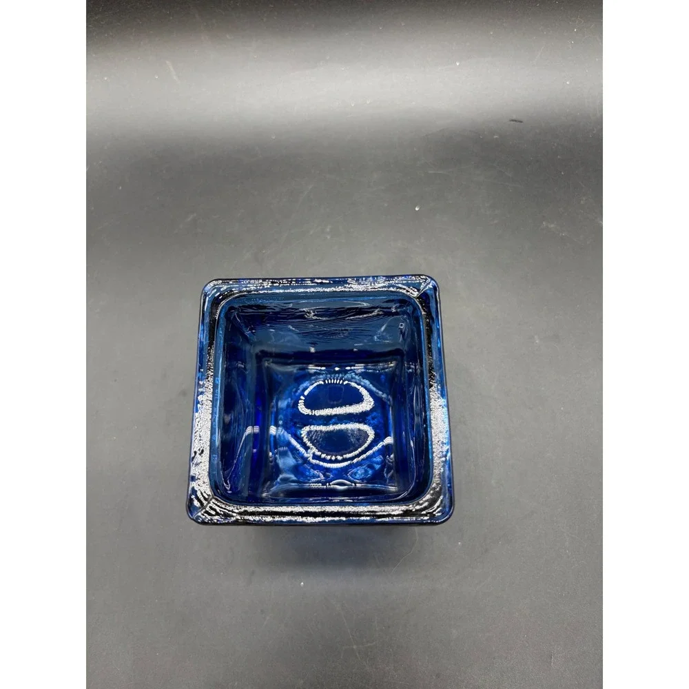 Cobalt Blue Art Glass Square Votive Candle Holder Textured Heavy Glass Planter